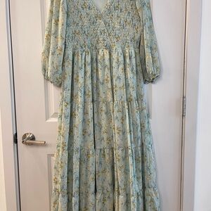 Polagram – Smocked Floral Maxi Dress – Sage Green Long Sleeve – Size L